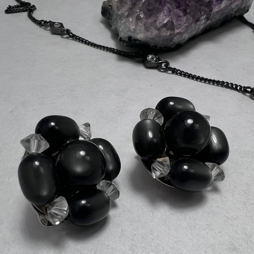 Vtg Black Gunmetal Jewelry Goth Chandelier Necklace Ring Earrings Avon Lisner - Picture 3 of 10